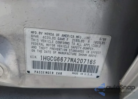 1998 Honda Accord Ex z USA, uszkodzony, nr VIN 1HGCG6677WA207165